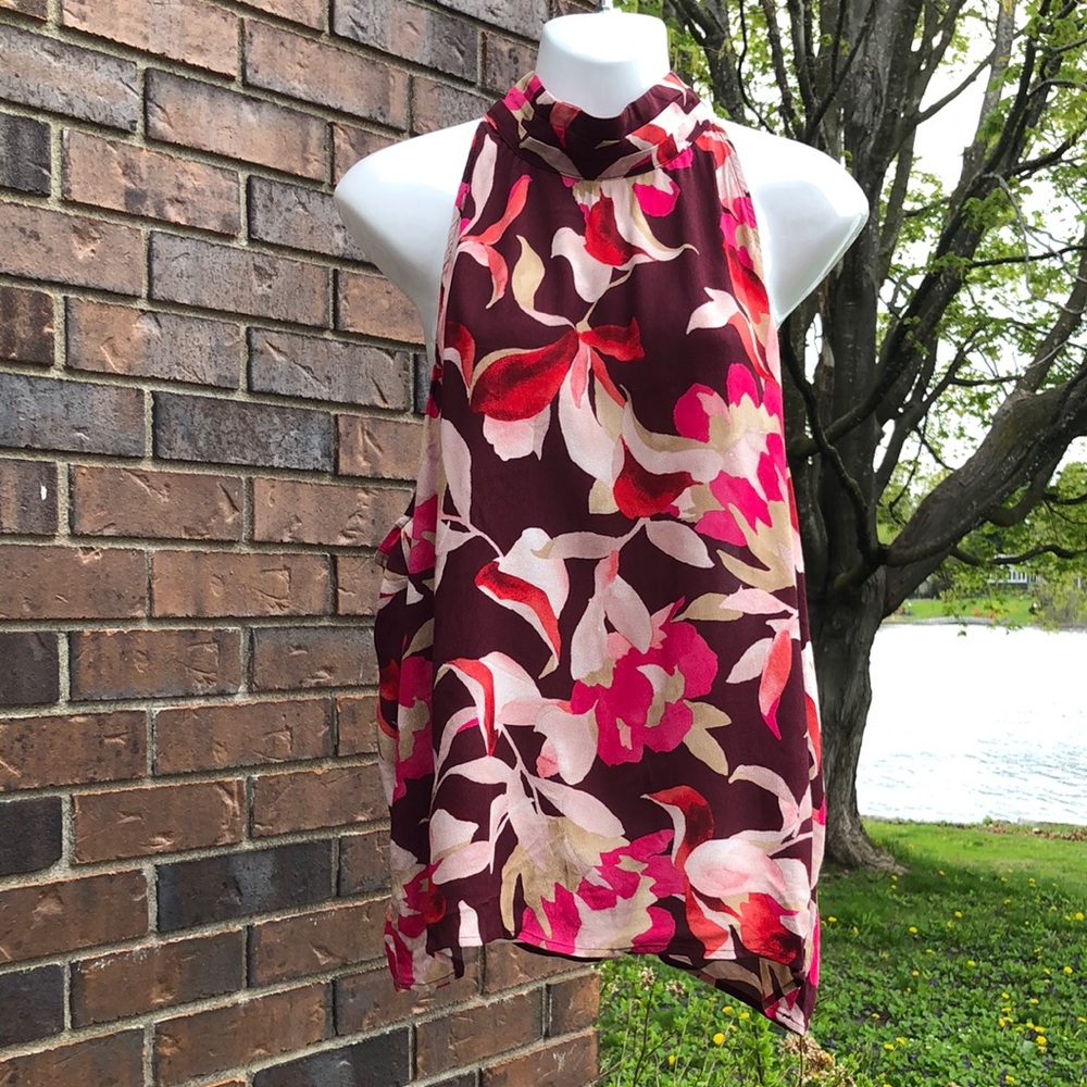 Sleeveless Halter Floral Print Top - Burgundy & Pink